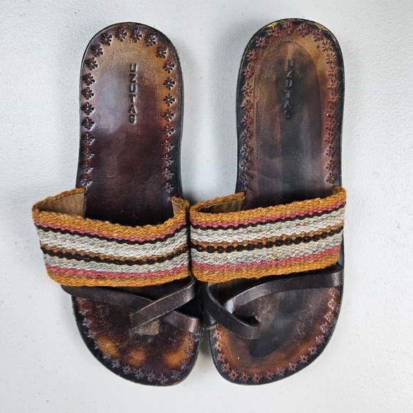 Peruvian Uzutas Leather Sandals Handmade Women 9.5 Boho Flats Woven Thong Loop - Picture 13 of 13